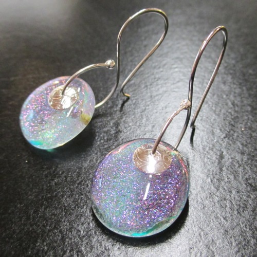purple dichroic glass earrings on s shaped handmade silver ear wires