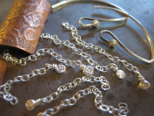 Handmade components - Tiny handmade silver spiral charms added to pieces of silver chain * balled ear wires ready for pickling