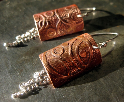 I polished the copper by hand to keep the lovely soft colour and tumbled the chains and ear wires - The chains hang behind the copper and add lots of movement - One of a Kind Earrings - £24 