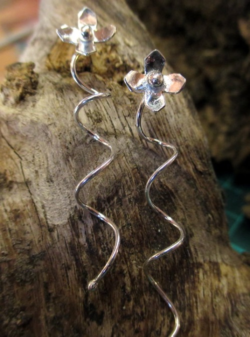 handmade silver flower earrings long