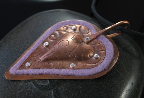 artisan copper and felt heart pendant