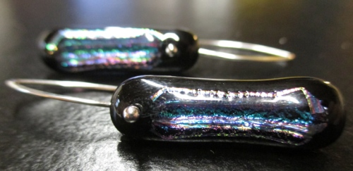 dichroic glass earrings black and sparkle on handmade silver ear wires