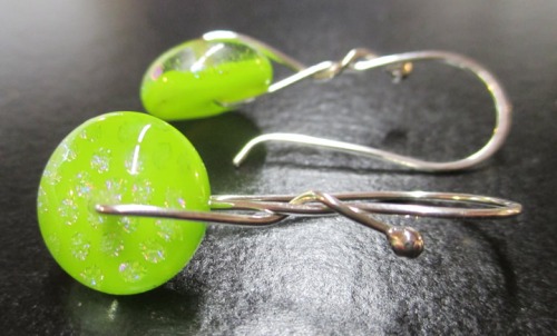Lime green dichroic glass earrings handmade on silver
