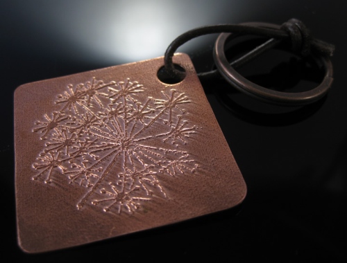 Etched copper keyring - etching workshop jewellery making