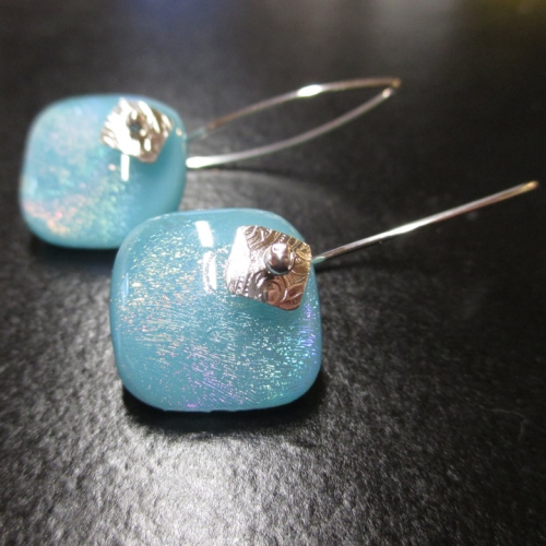turquoise dichroic glass earrings on handmade ear wires with silver beadcaps